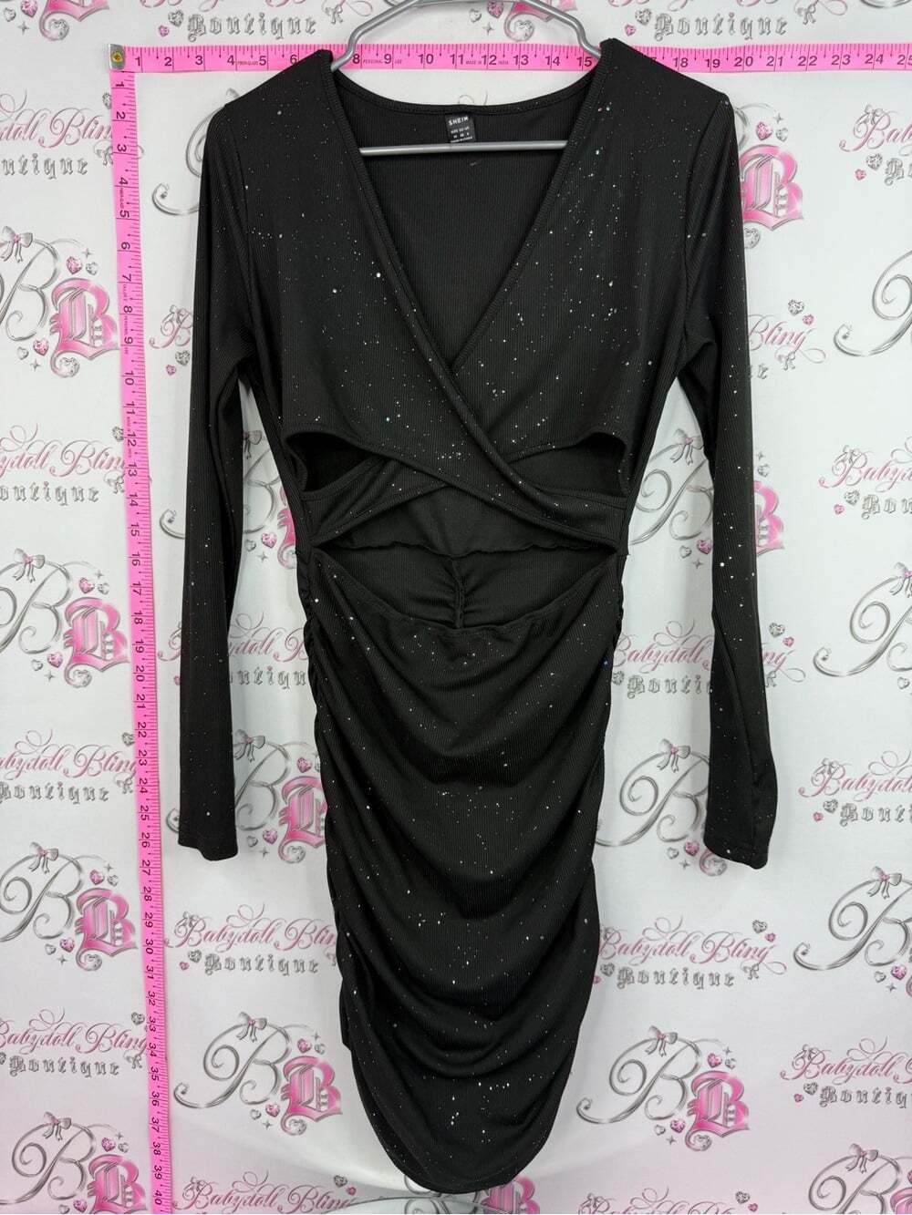 SHEIN dress sparkly Black Sparkle Ruched Cutout Long Sleeve Dress
